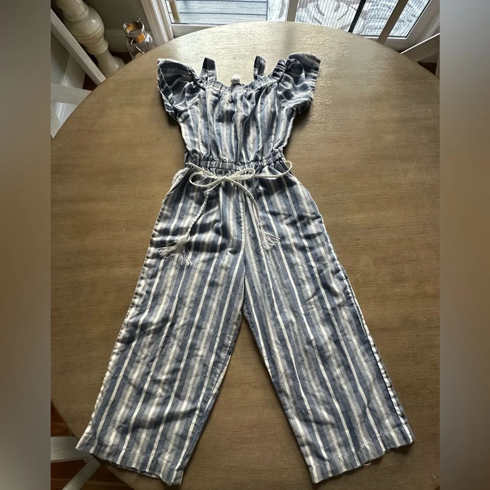 bebe girls m(10-12) Blue and White Striped Jumpsuit